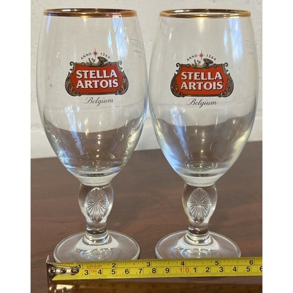 STELLA ARTOIS Limited Edition Drinking Glass Chalice 33cl Gold Rimmed Set Of 2 - Picture 7 of 8